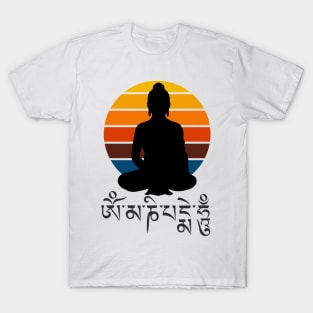 Retro Sunset Buddha Om Mani Padme Hum T-Shirt